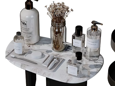 Essential Bathroom Accessories On Marble Countertop With Soap Dispensers Fragrance Bottles And Dried Flowers 3d model