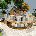 Outdoor Wooden Play Equipment With Tree House And Spiral Slide Surrounded By Green Trees