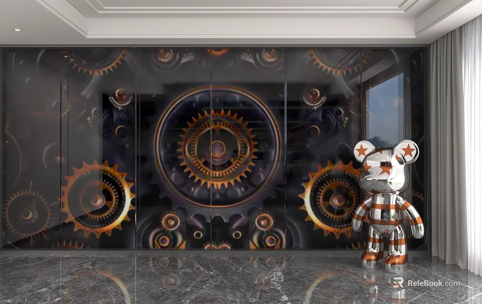 Interior Decor Background Wall Featuring Black Surface Gold Gear Patterns And White Orange Stuffed Toy 3d model