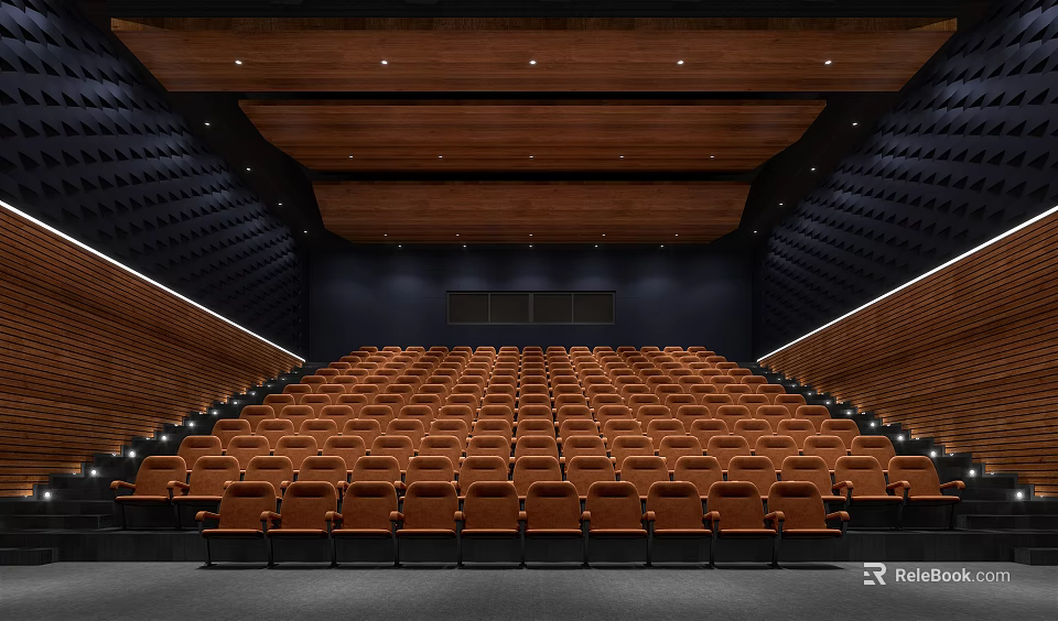 Contemporary Cinema Interior With Rows Of Brown Seats And Wooden Ceiling 3d model 