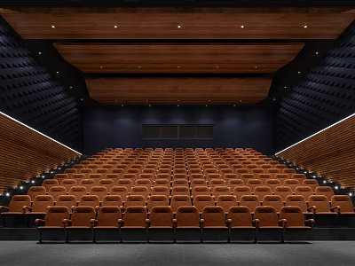 Contemporary Cinema Interior With Rows Of Brown Seats And Wooden Ceiling 3d model
