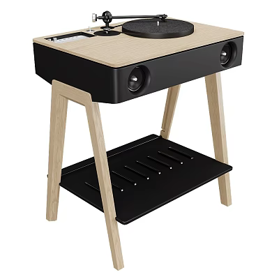 Modern Headphone Speaker Design With Wooden Top Black Body And Shelf Stand 3d model