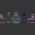 Various Wine Bottles And Glasses With Red Blue Colors And Chinese Labels On Dark Background