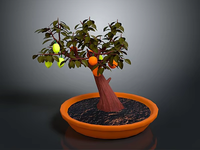 Potted Fruit Tree With Green And Orange Fruits In Orange Planter 3d model
