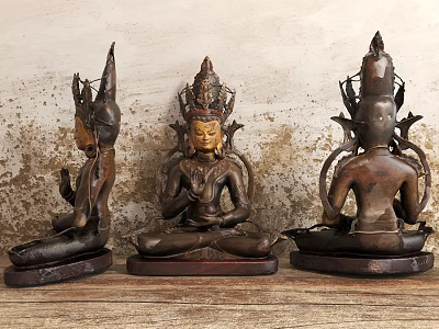 Seated Buddha Bronze Sculptures With Crown And Wooden Base On Vintage Wall 3d model