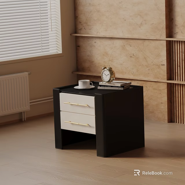 Black Bedside Table With Two Drawers Gold Handles White Cup Alarm Clock And Books 3d model 