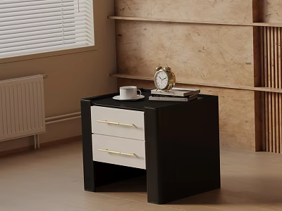 Black Bedside Table With Two Drawers Gold Handles White Cup Alarm Clock And Books 3d model