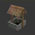Traditional Well Structure With Sloped Wooden Roof And Stone Brick Base