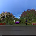 Scenic Roadside Landscape With Rhododendron Crape Myrtle And Pedestrians Under Blue Sky
