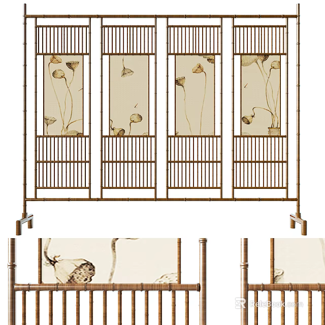 Traditional Bamboo Screen With Four Panel Design And Lotus Flower Patterns 3d model