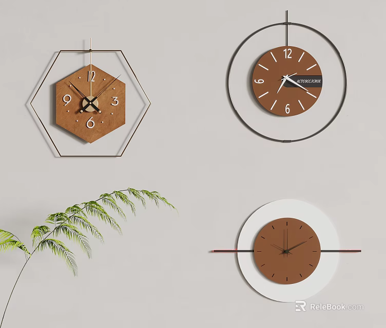 Modern Decorative Wall Clocks With Hexagonal Circular Shapes Brown Dials Gray Wall Green Plant 3d model 