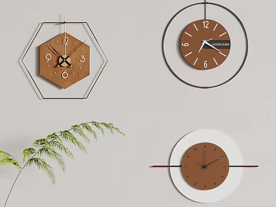 Modern Decorative Wall Clocks With Hexagonal Circular Shapes Brown Dials Gray Wall Green Plant 3d model