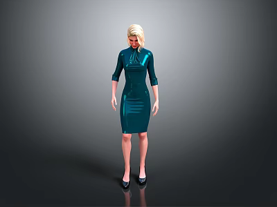 Elegant Teal Fitted Glossy Dress With Three Quarter Sleeves And High Heels 3d model