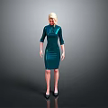 Elegant Teal Fitted Glossy Dress With Three Quarter Sleeves And High Heels