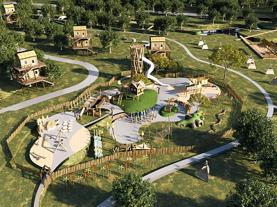 Outdoor Natural Playground with Green Grass Trees Play Structures Slides and Winding Paths 3d model