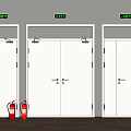 White Fire Safety Double Doors With Green Signs And Red Extinguishers