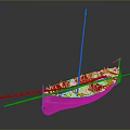 Traditional Wooden Watercraft With Oars Mast And Blue Red Hull Design