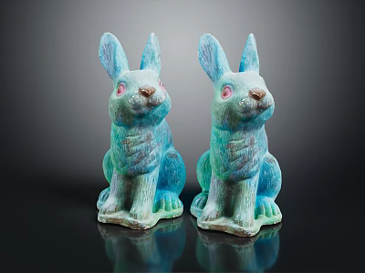 Two Turquoise Decorative Sitting Rabbit Statues on Dark Reflective Surface 3d model