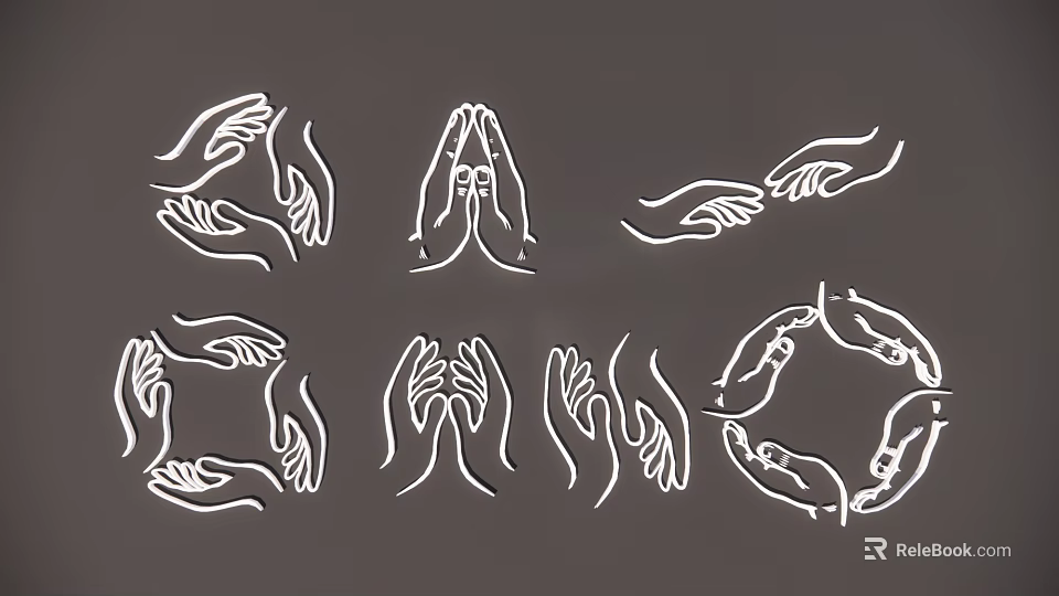 Creative White Line Art Wall Hanging Featuring Various Hand Gestures on Dark Gray 3d model 