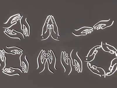 Creative White Line Art Wall Hanging Featuring Various Hand Gestures on Dark Gray 3d model