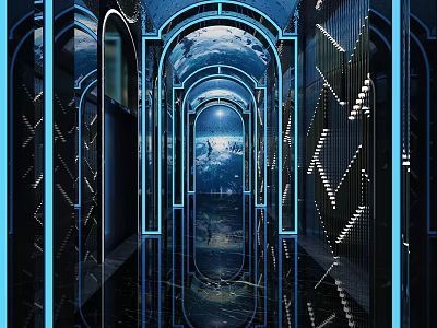Modern Bar Interior With Neon Lights Arched Doors And Mirrored Corridor 3d model
