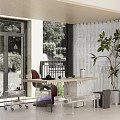 Modern Tea Room With Glass Doors Garden View Wooden Table Marble Elements And Potted Plant