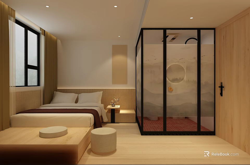 Minimalist Hotel Room Interior With Wooden Bed Glass Partition And Natural Light 3d model 