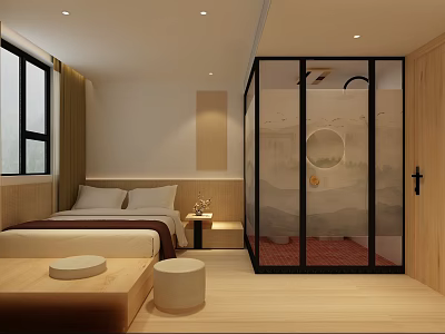 Minimalist Hotel Room Interior With Wooden Bed Glass Partition And Natural Light 3d model