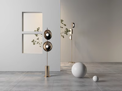 Contemporary Floor Lamp With Double Round Shades Brass Stand And Green Plants In Minimalist Interior 3d model