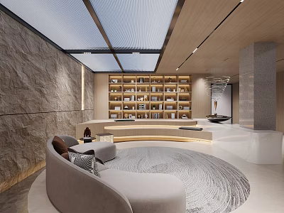 Modern Basement Interior With Curved Sofa And Bookshelves 3d model