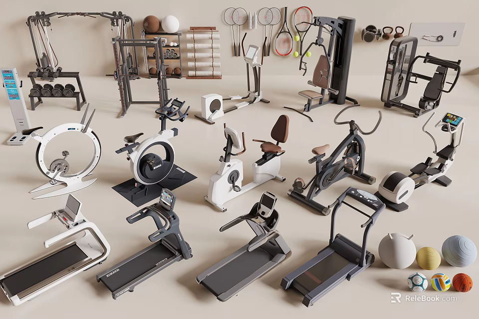 Fitness Equipment Collection Including Treadmills Exercise Bikes Dumbbells Yoga Balls For Home Gym Workouts 3d model 
