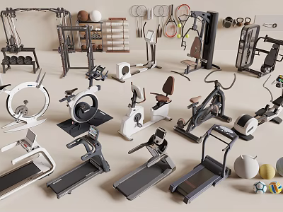 Fitness Equipment Collection Including Treadmills Exercise Bikes Dumbbells Yoga Balls For Home Gym Workouts 3d model