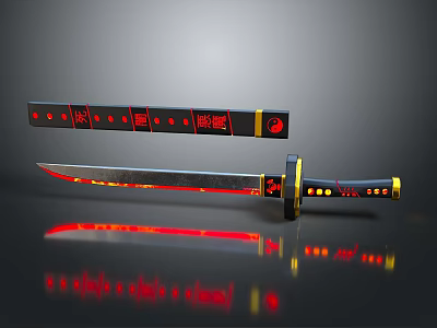 Samurai Sword With Decorative Red Accents Black Sheath Gold Handle And Detailed Patterns 3d model