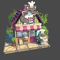 Cartoon Cake Shop Scene With Chef Cat Red Roof Green Plants And Checkered Awning