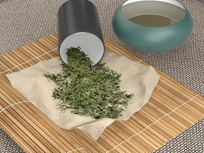 Green Herbs Storage Container With Cloth And Green Bowl On Bamboo Mat 3d model