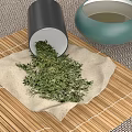 Green Herbs Storage Container With Cloth And Green Bowl On Bamboo Mat