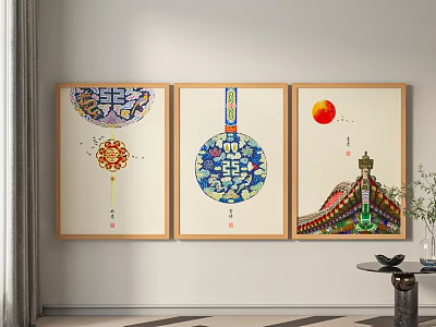 Three Framed Traditional Decorative Paintings Featuring Circular Patterns Ancient Architecture Red Sun And Wooden Frames 3d model