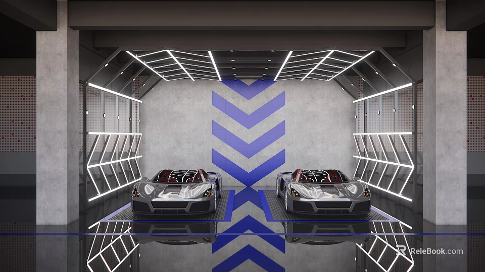4S Car Dealership Showroom Displaying Two Luxury Sports Cars Blue Chevron Pattern And Bright Lighting 3d model 