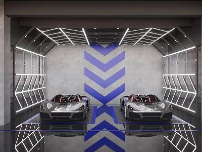 4S Car Dealership Showroom Displaying Two Luxury Sports Cars Blue Chevron Pattern And Bright Lighting 3d model