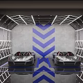 4S Car Dealership Showroom Displaying Two Luxury Sports Cars Blue Chevron Pattern And Bright Lighting