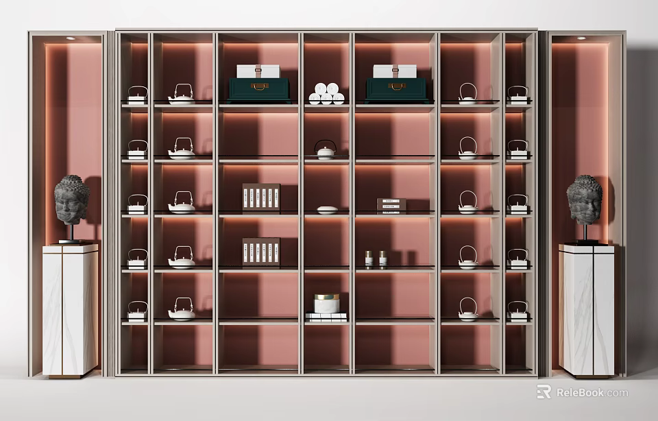 Modern Minimalist White Brown Bookcase with Pink Background Wall Tea Sets Books Decorations in Compartments 3d model 