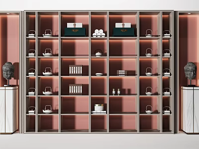 Modern Minimalist White Brown Bookcase with Pink Background Wall Tea Sets Books Decorations in Compartments 3d model