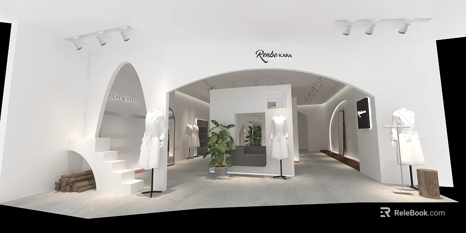 Modern Clothing Store Interior With White Decor Arched Doorways Mannequins And Green Plants 3d model 