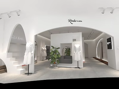 Modern Clothing Store Interior With White Decor Arched Doorways Mannequins And Green Plants 3d model