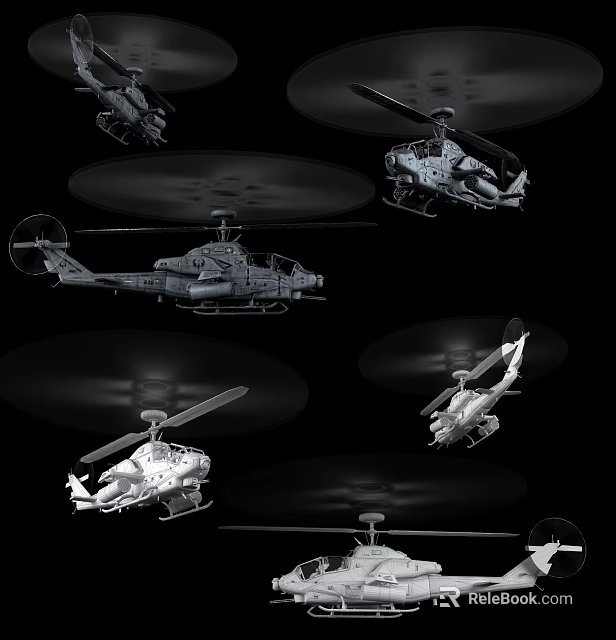 Different Military Helicopters Showcasing Various Rotor Designs and Flight Angles 3d model