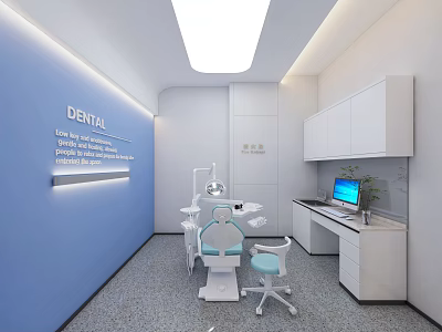 Modern Dental Clinic Interior With Blue Wall Treatment Chair Computer Workstation And White Cabinets 3d model