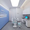 Modern Dental Clinic Interior With Blue Wall Treatment Chair Computer Workstation And White Cabinets
