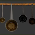Vintage Metal Measuring Spoons Hanging On Wooden Rod For Kitchen Use