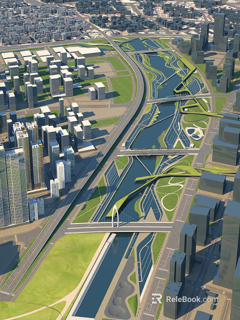 Urban Waterfront Landscape With River Bridges Green Spaces And High Rise Buildings 3d model 