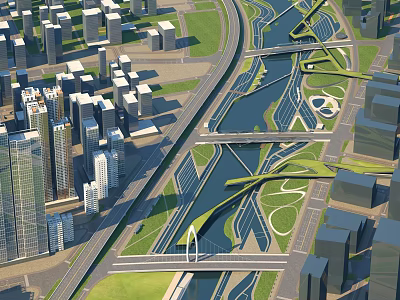Urban Waterfront Landscape With River Bridges Green Spaces And High Rise Buildings 3d model